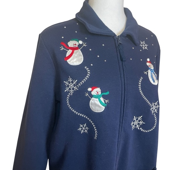 Breckenridge Petite Blue Snowman Button Front Cardigan Large Winter Holiday Warm - Picture 3 of 11